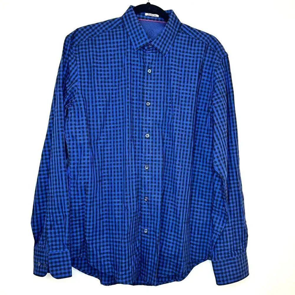 Bugatchi Uomo Gingham Shaped Fit Long Sleeve Button-Up Shirt Blue Medium